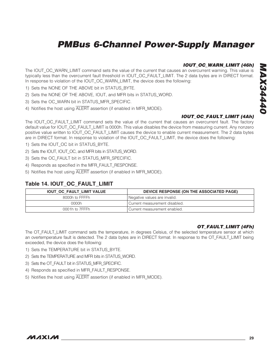 Iout_oc_warn_limit (46h), Iout_oc_fault_limit (4ah), Ot_fault_limit (4fh) | Table 14. iout_oc_fault_limit | Rainbow Electronics MAX34440 User Manual | Page 29 / 43