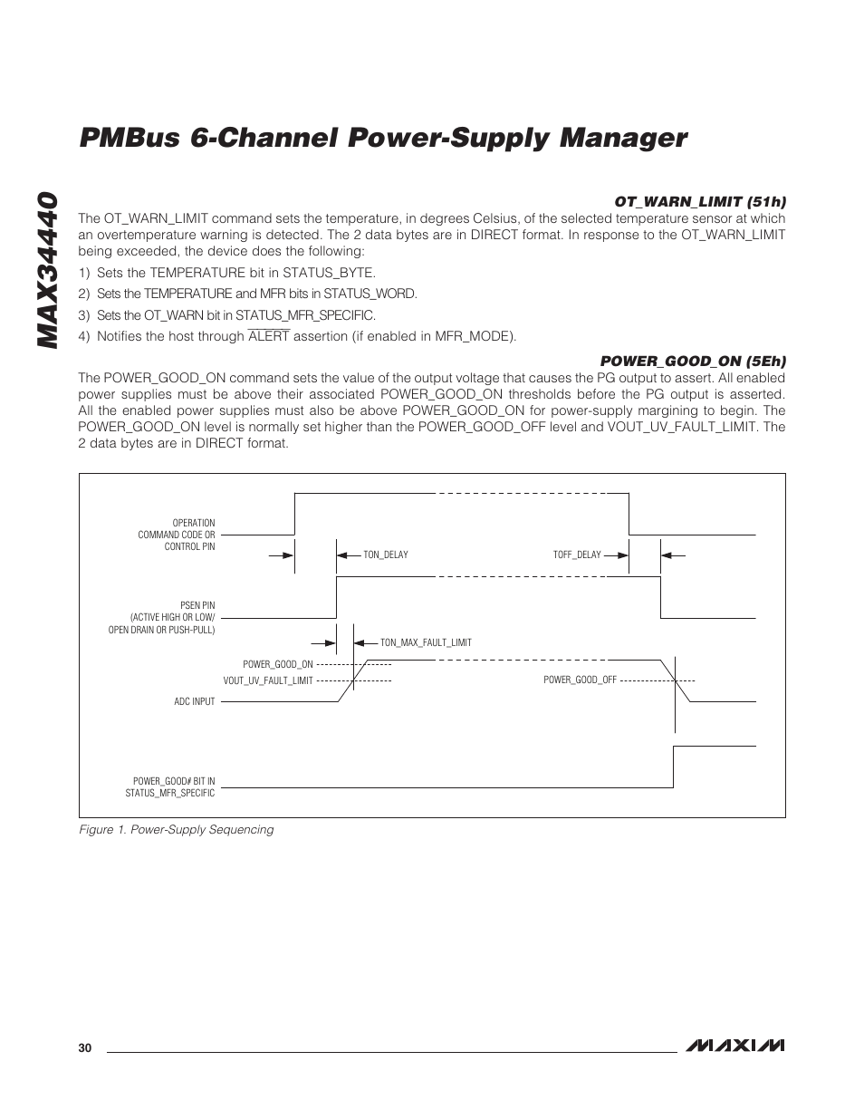 Ot_warn_limit (51h), Power_good_on (5eh), Ot_warn_limit (51h) power_good_on (5eh) | Figure 1. power-supply sequencing | Rainbow Electronics MAX34440 User Manual | Page 30 / 43