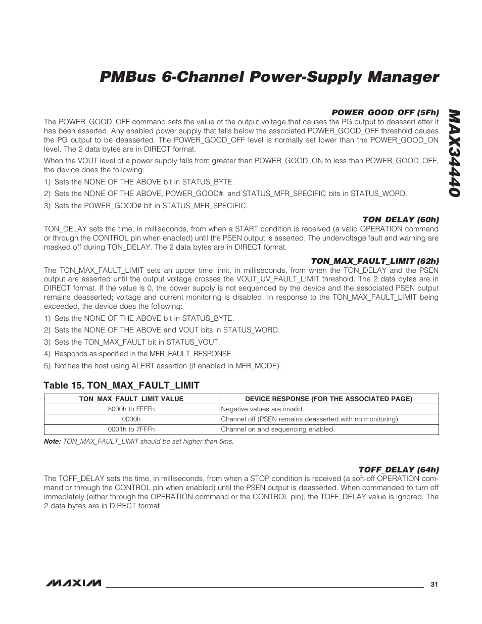 Power_good_off (5fh), Ton_delay (60h), Ton_max_fault_limit (62h) | Toff_delay (64h), Table 15. ton_max_fault_limit | Rainbow Electronics MAX34440 User Manual | Page 31 / 43