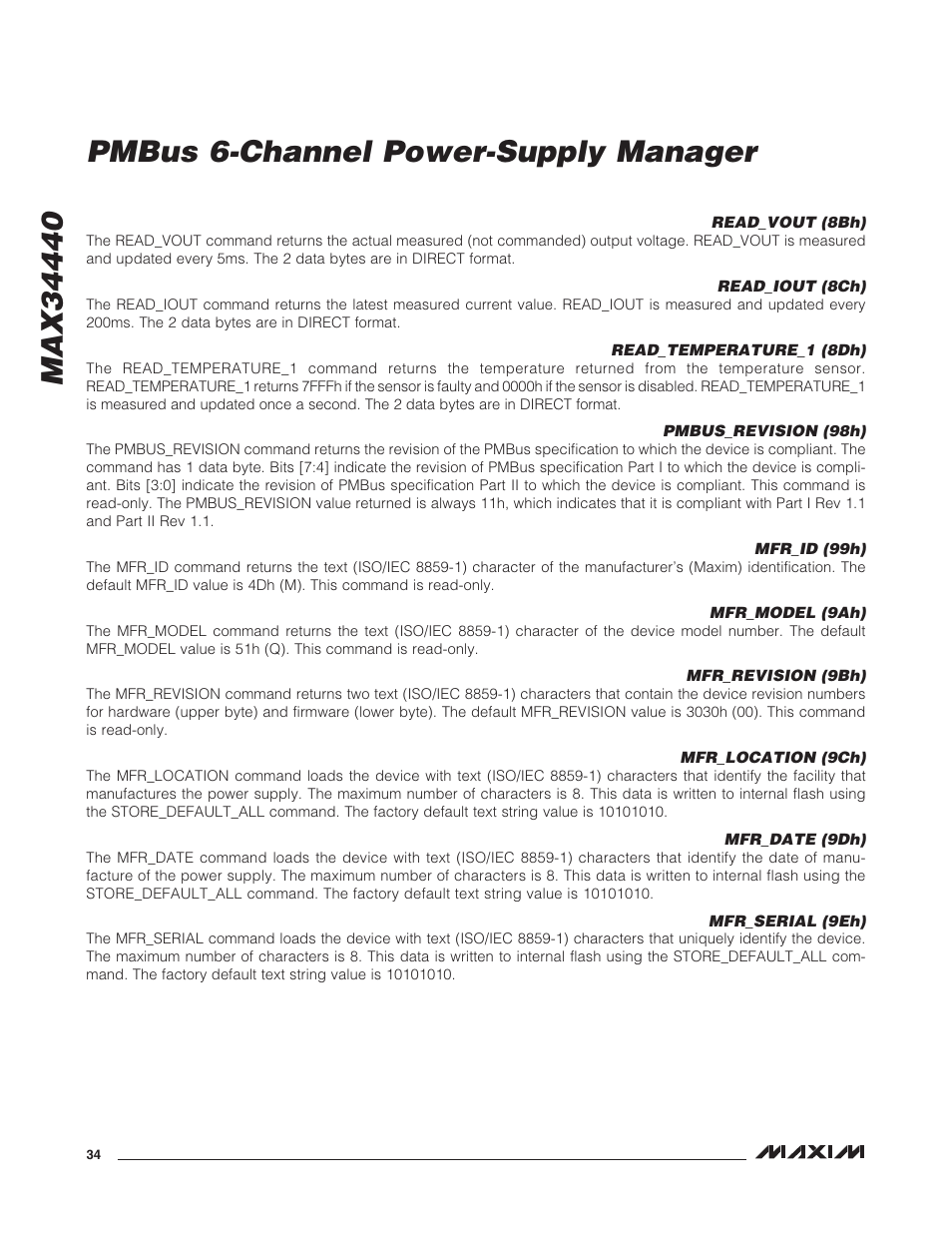 Read_vout (8bh), Read_iout (8ch), Read_temperature_1 (8dh) | Pmbus_revision (98h), Mfr_id (99h), Mfr_model (9ah), Mfr_revision (9bh), Mfr_location (9ch), Mfr_date (9dh), Mfr_serial (9eh) | Rainbow Electronics MAX34440 User Manual | Page 34 / 43