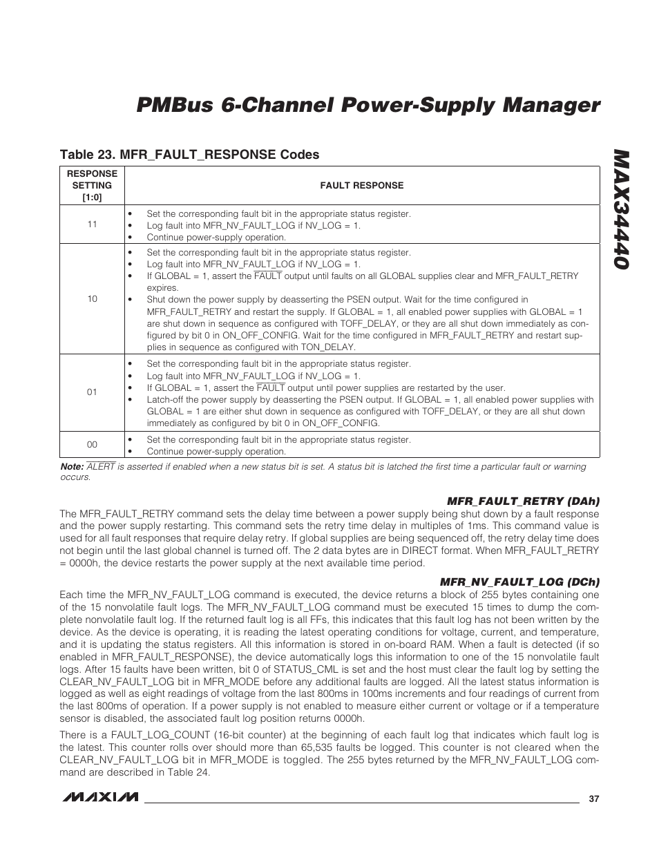 Mfr_fault_retry (dah), Mfr_nv_fault_log (dch), Mfr_fault_retry (dah) mfr_nv_fault_log (dch) | Table 23. mfr_fault_response codes | Rainbow Electronics MAX34440 User Manual | Page 37 / 43