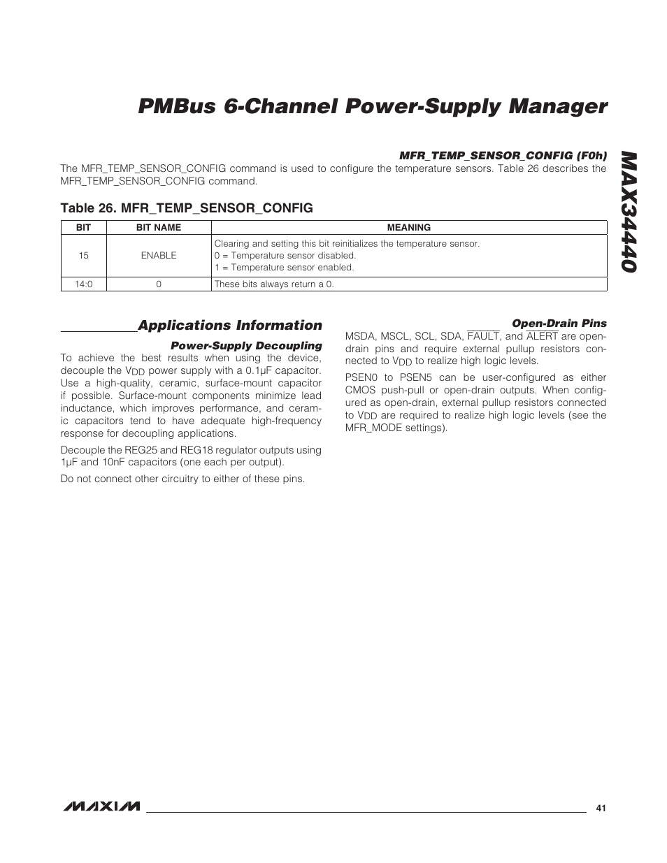Mfr_temp_sensor_config (f0h), Applications information, Power-supply decoupling | Open-drain pins, Power-supply decoupling open-drain pins, Table 26. mfr_temp_sensor_config | Rainbow Electronics MAX34440 User Manual | Page 41 / 43