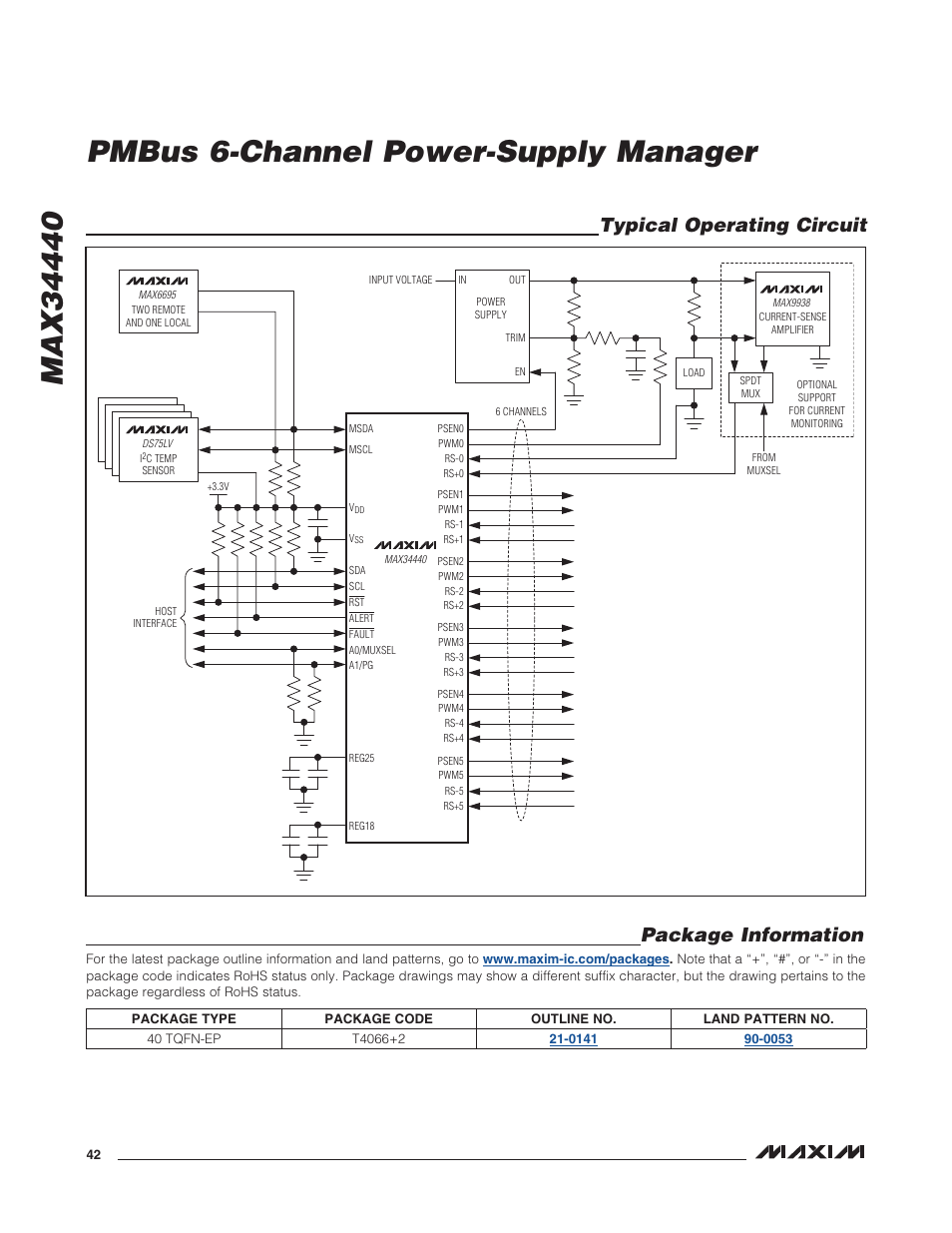 Typical operating circuit, Package information, Typical operating circuit package information | Rainbow Electronics MAX34440 User Manual | Page 42 / 43