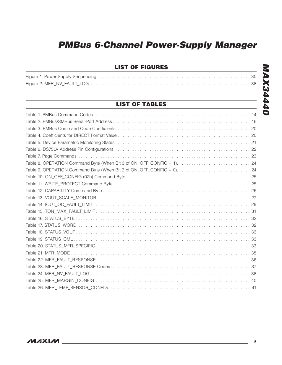 List of figures, List of tables | Rainbow Electronics MAX34440 User Manual | Page 5 / 43