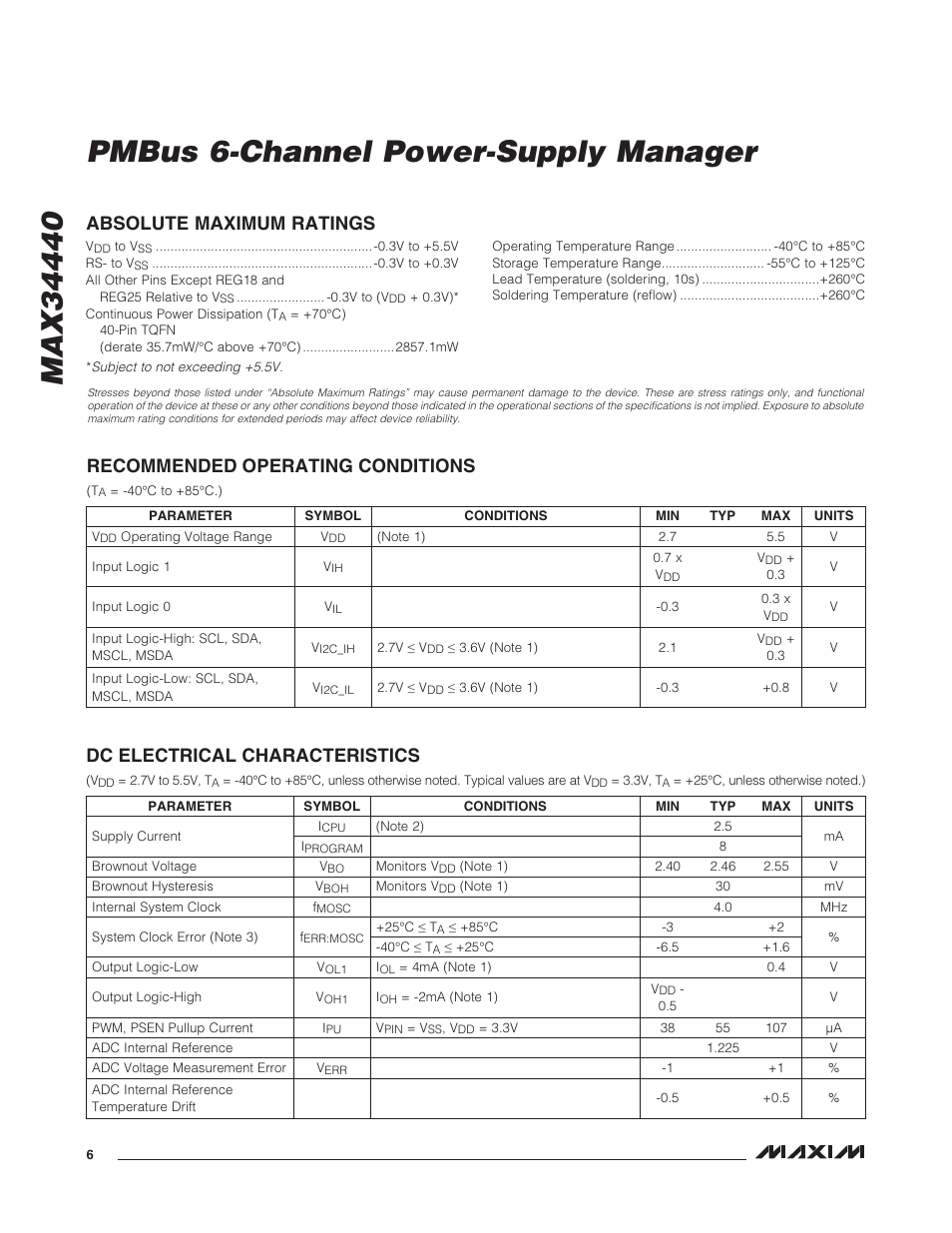 Absolute maximum ratings, Recommended operating conditions, Dc electrical characteristics | Rainbow Electronics MAX34440 User Manual | Page 6 / 43