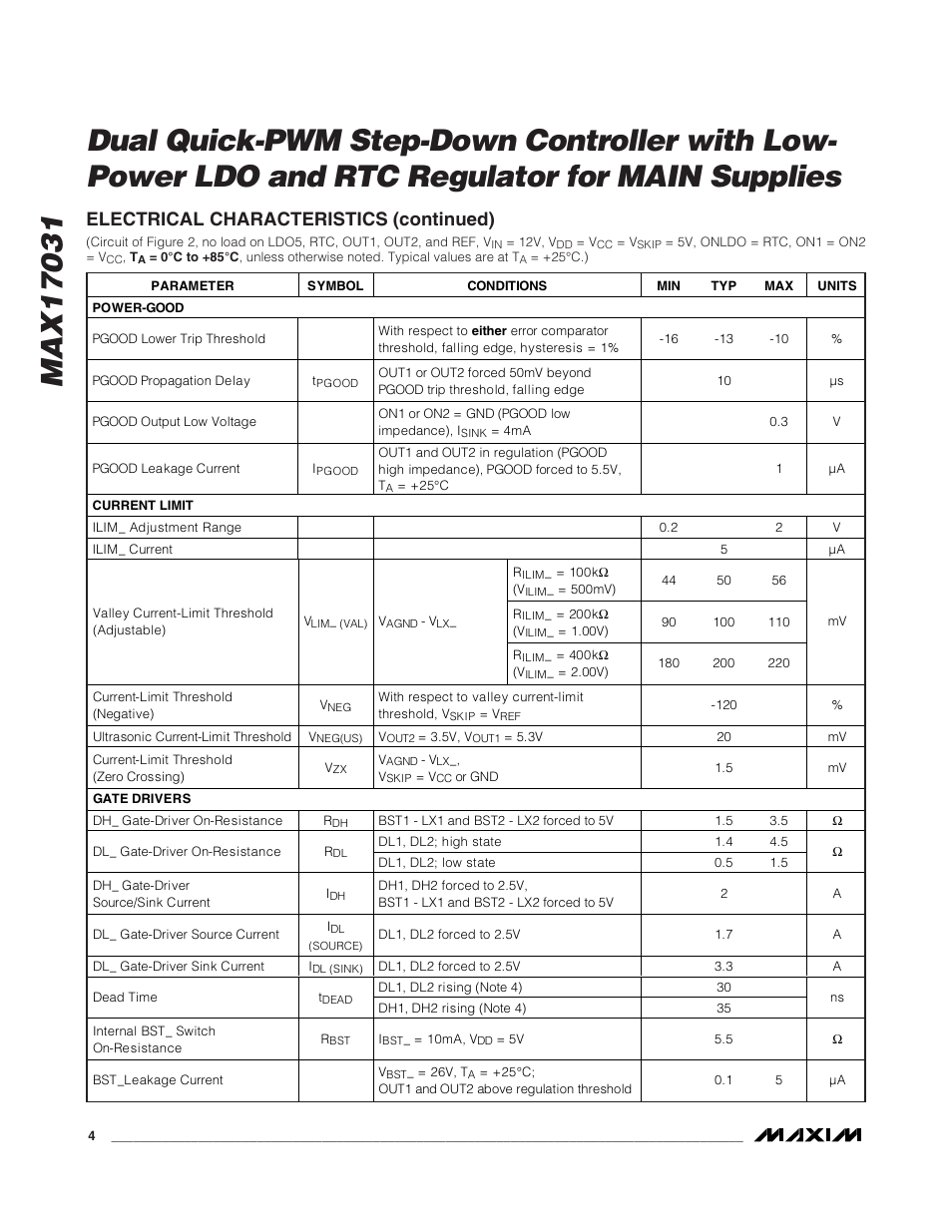 Electrical characteristics (continued) | Rainbow Electronics MAX17031 User Manual | Page 4 / 24