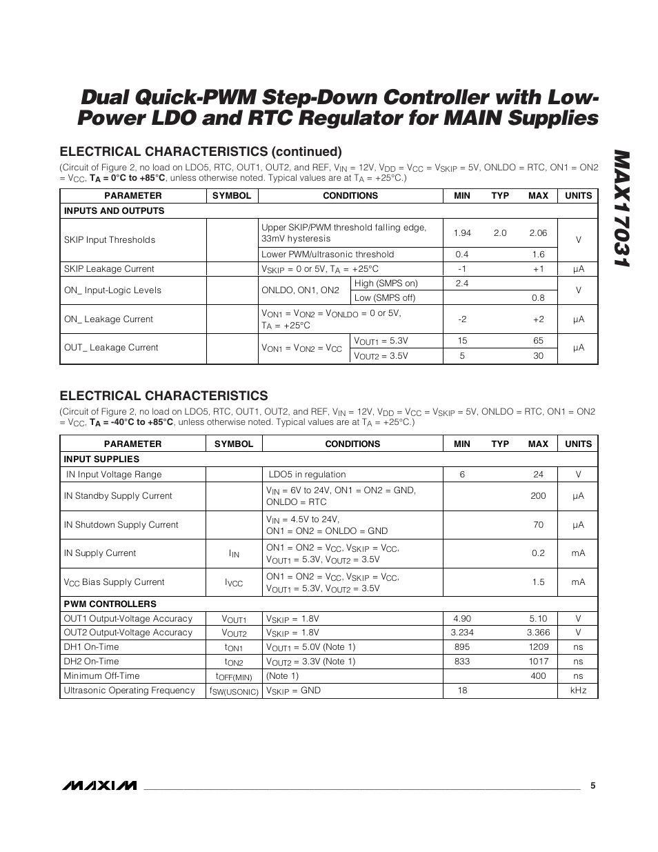 Electrical characteristics (continued), Electrical characteristics | Rainbow Electronics MAX17031 User Manual | Page 5 / 24