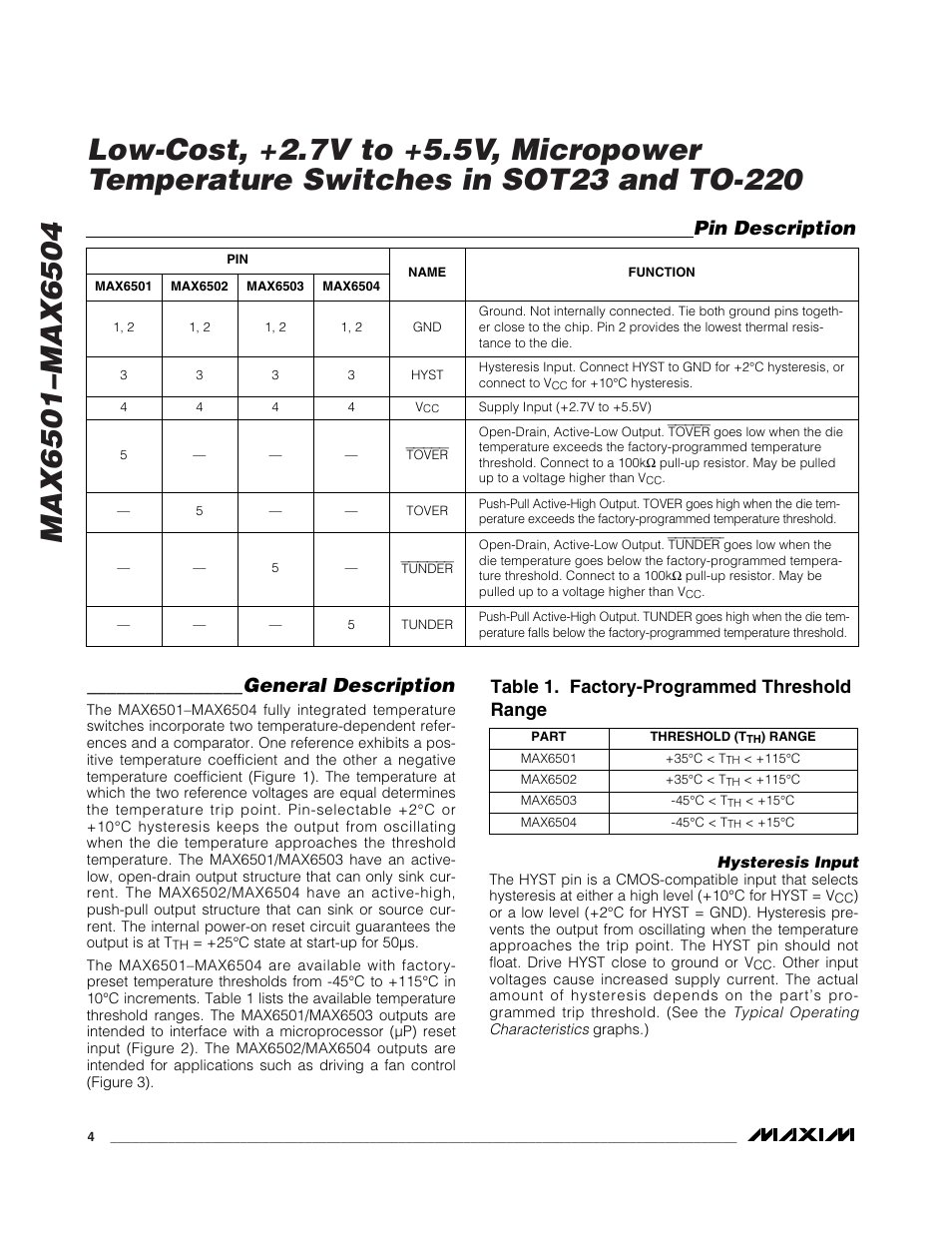 Pin description, General description, Table 1. factory-programmed threshold range | Rainbow Electronics MAX6504 User Manual | Page 4 / 9