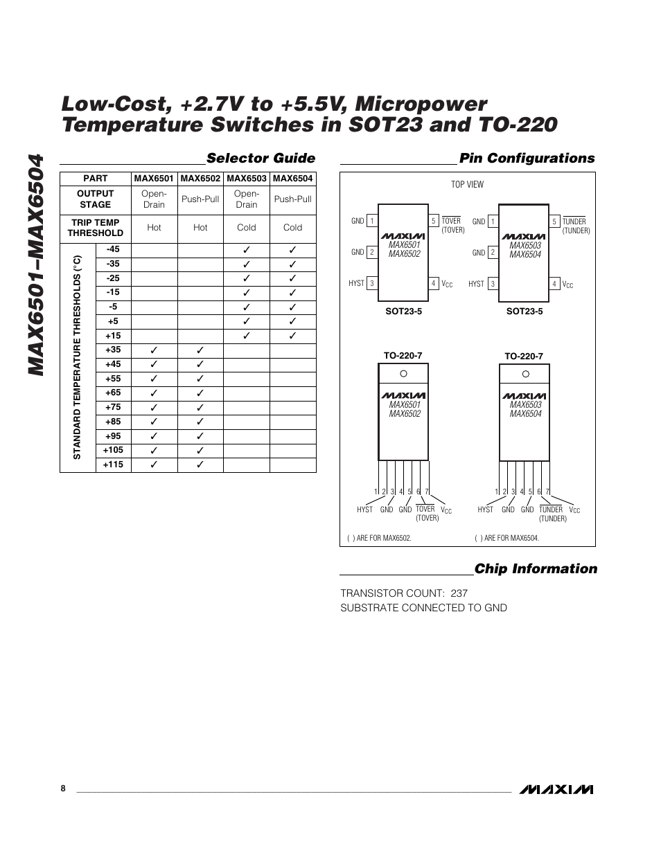 Pin configurations chip information, Selector guide | Rainbow Electronics MAX6504 User Manual | Page 8 / 9