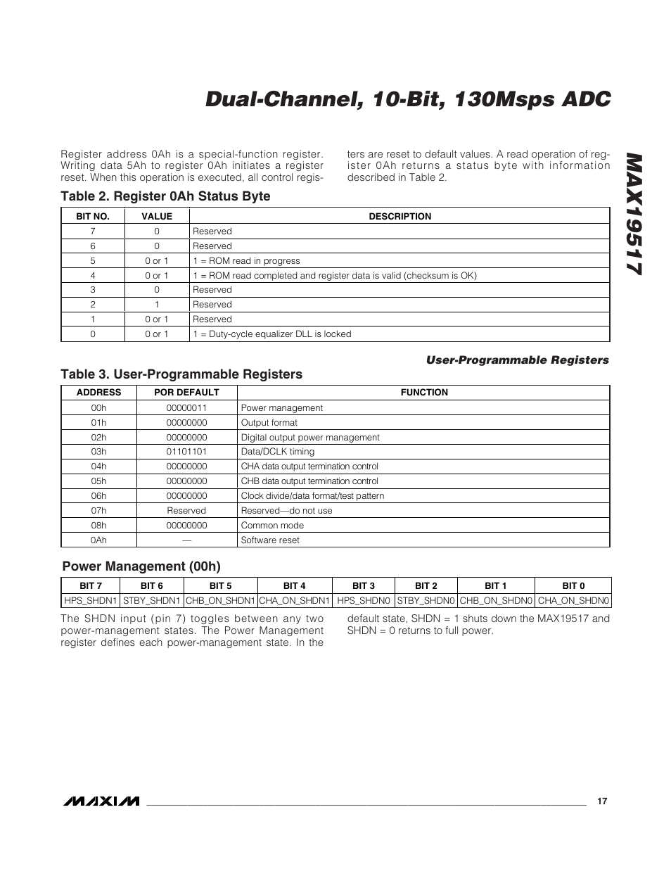 Table 2. register 0ah status byte, Table 3. user-programmable registers, Power management (00h) | Rainbow Electronics MAX19517 User Manual | Page 17 / 34