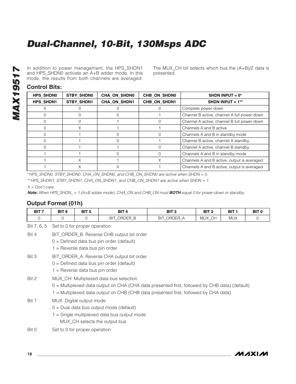 Control bits: output format (01h) | Rainbow Electronics MAX19517 User Manual | Page 18 / 34