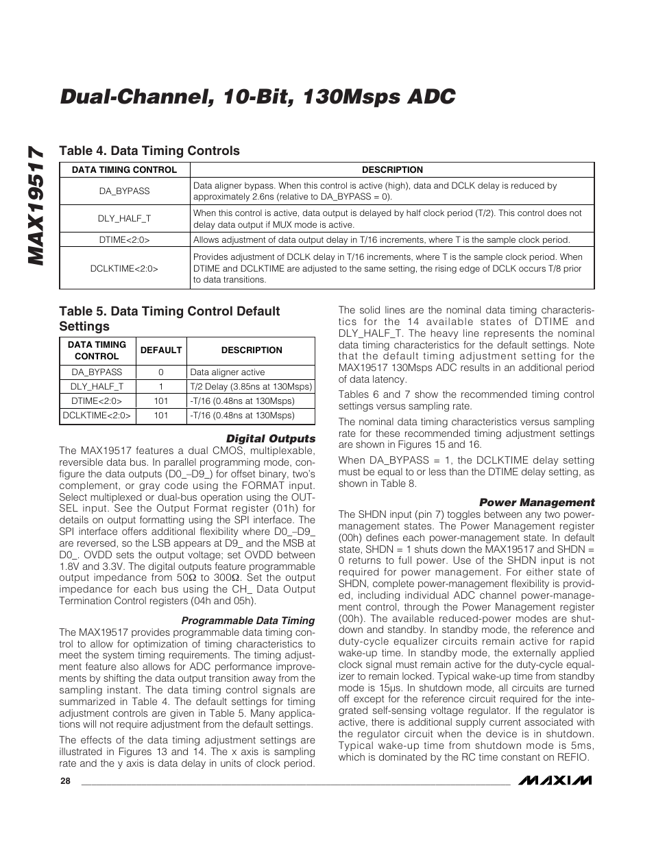 Table 4. data timing controls, Table 5. data timing control default settings | Rainbow Electronics MAX19517 User Manual | Page 28 / 34