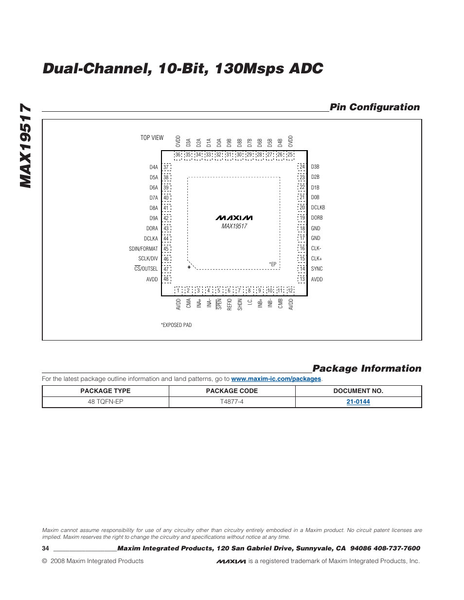 Package information, Pin configuration | Rainbow Electronics MAX19517 User Manual | Page 34 / 34