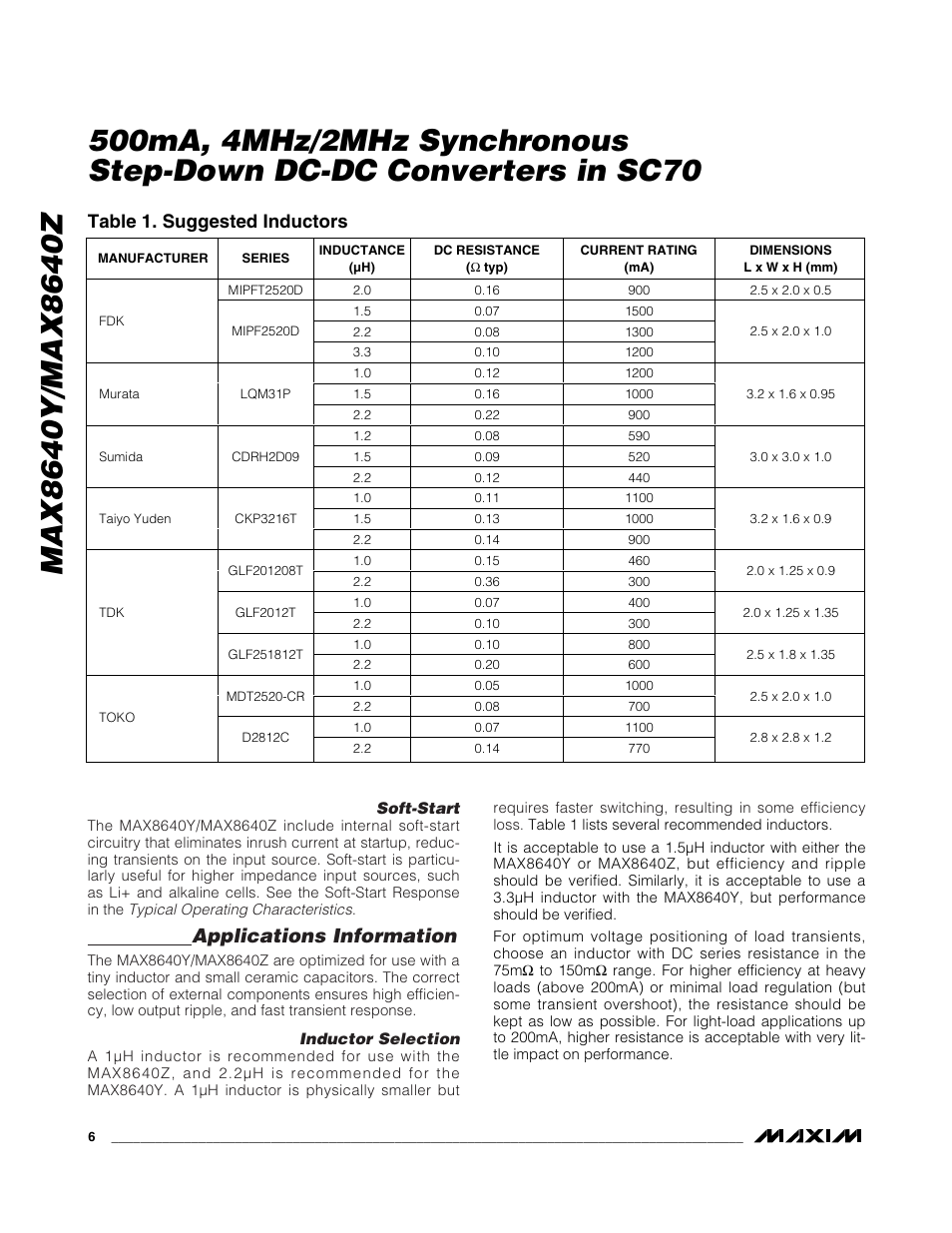 Applications information, Table 1. suggested inductors | Rainbow Electronics MAX8640Z User Manual | Page 6 / 9