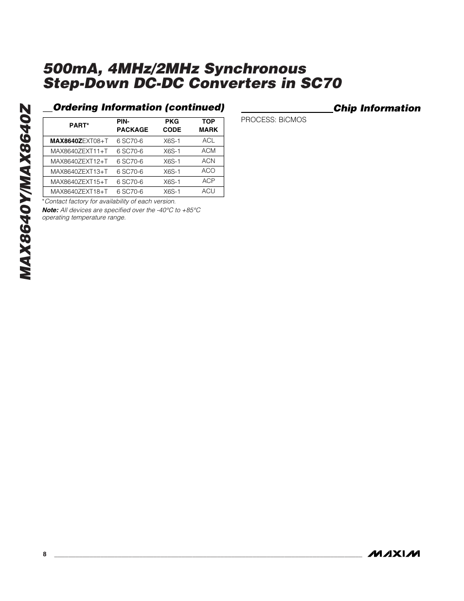 Chip information, Ordering information (continued) | Rainbow Electronics MAX8640Z User Manual | Page 8 / 9