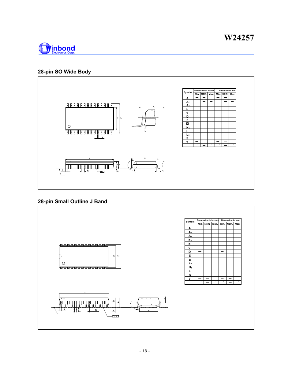 Pin so wide body, Pin small outline j band, Package dimensions, continued | Rainbow Electronics W24257 User Manual | Page 10 / 11