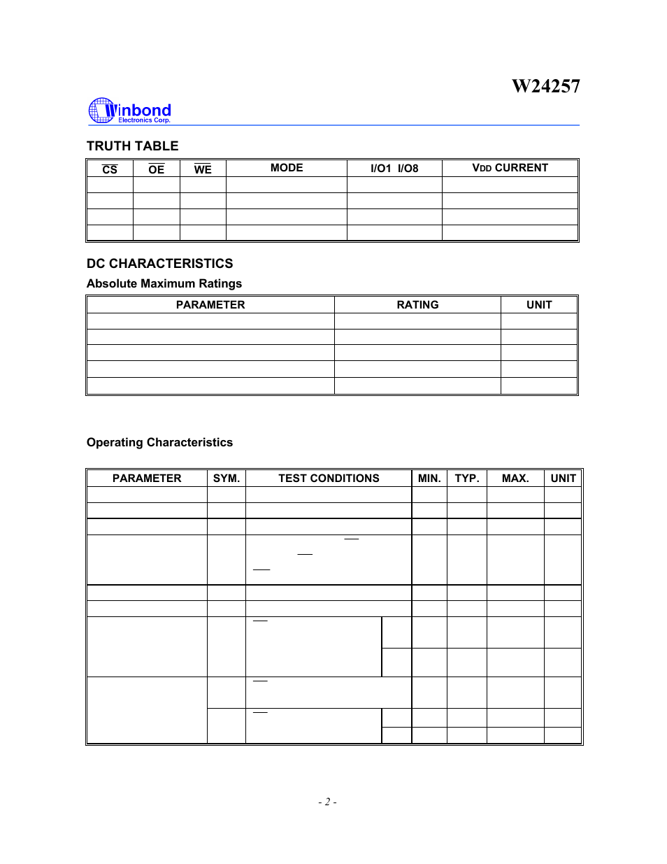 Truth table, Dc characteristics | Rainbow Electronics W24257 User Manual | Page 2 / 11