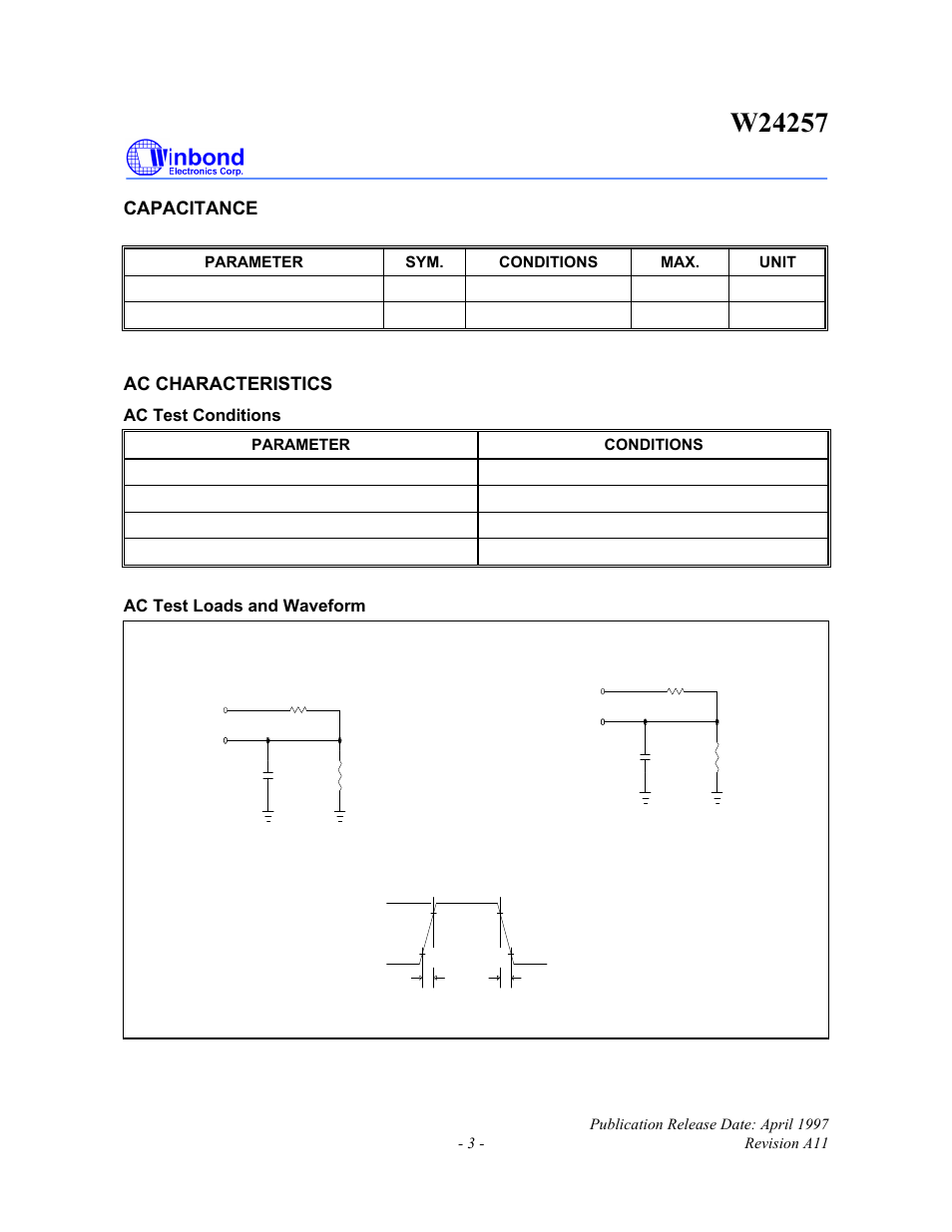 Capacitance, Ac characteristics, Ac test conditions | Ac test loads and waveform | Rainbow Electronics W24257 User Manual | Page 3 / 11