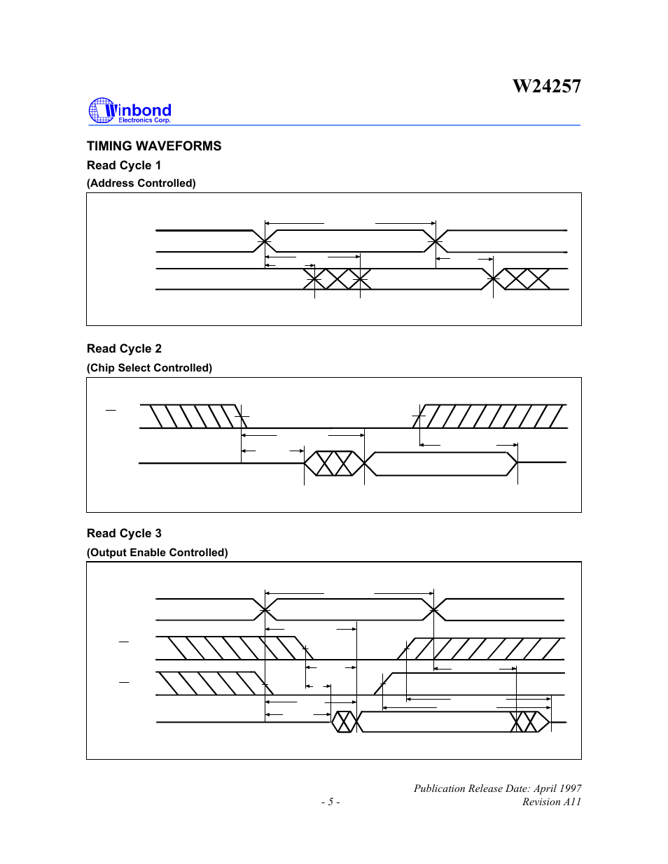 Timing waveforms, Read cycle 1, Read cycle 2 | Read cycle 3, Address controlled), Chip select controlled), Output enable controlled) | Rainbow Electronics W24257 User Manual | Page 5 / 11