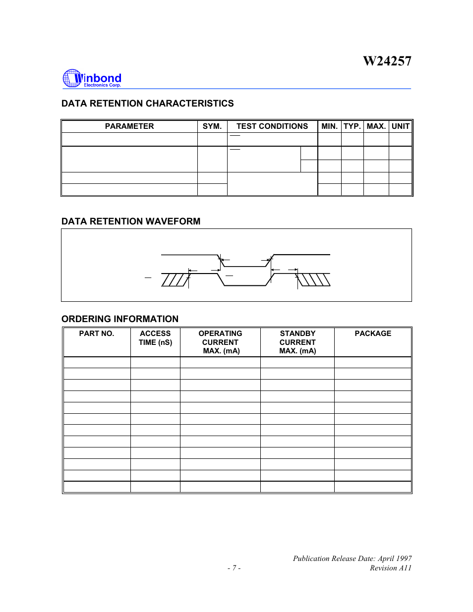 Data retention characteristics, Data retention waveform, Ordering information | Rainbow Electronics W24257 User Manual | Page 7 / 11