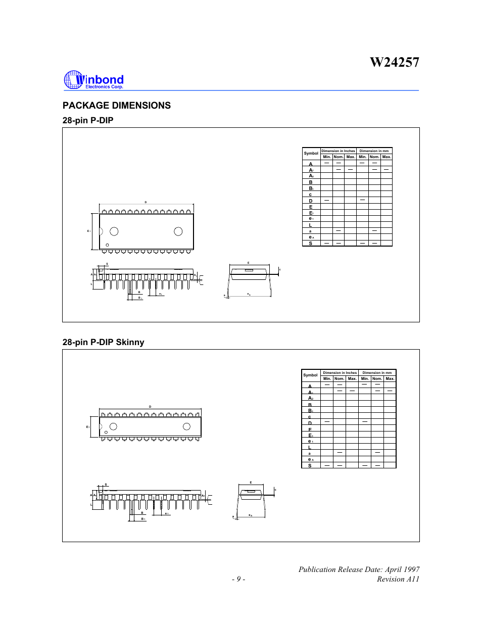 Package dimensions, Pin p-dip, Pin p-dip skinny | Rainbow Electronics W24257 User Manual | Page 9 / 11