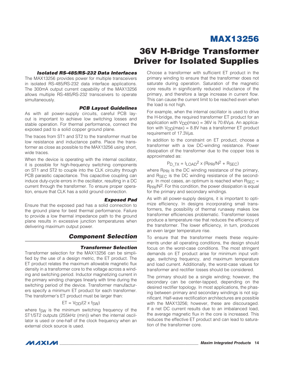 Isolated rs-485/rs-232 data interfaces, Pcb layout guidelines, Exposed pad | Component selection, Transformer selection | Rainbow Electronics MAX13256 User Manual | Page 14 / 17