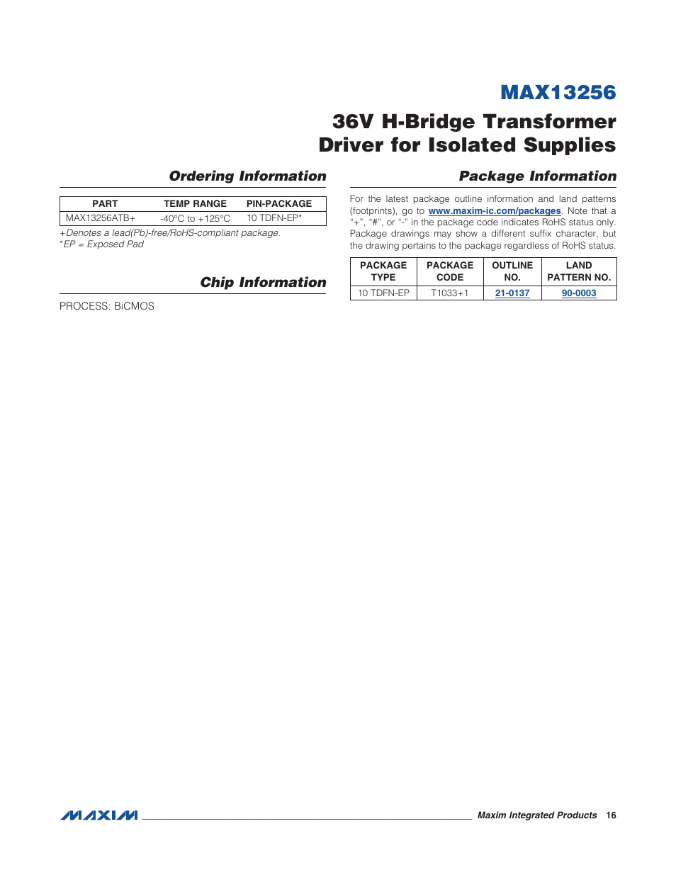 Ordering information, Chip information, Package information | Table 1. component manufacturers, Ordering information package information | Rainbow Electronics MAX13256 User Manual | Page 16 / 17