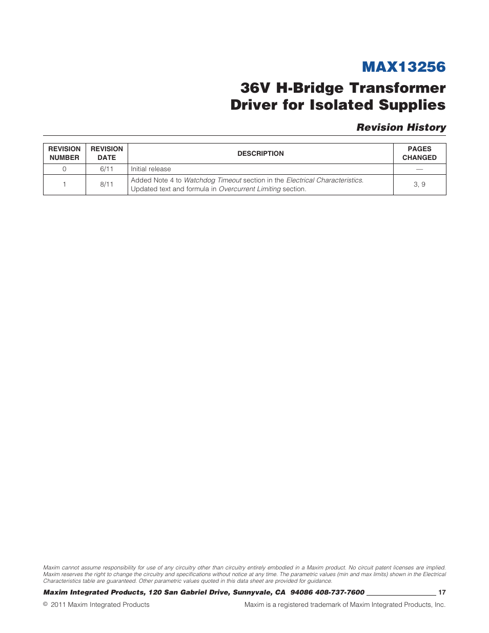 Revision history | Rainbow Electronics MAX13256 User Manual | Page 17 / 17