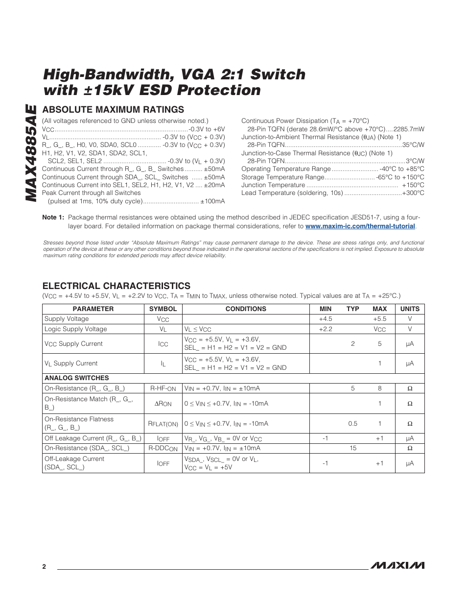 Electrical characteristics, Absolute maximum ratings | Rainbow Electronics MAX4885AE User Manual | Page 2 / 10