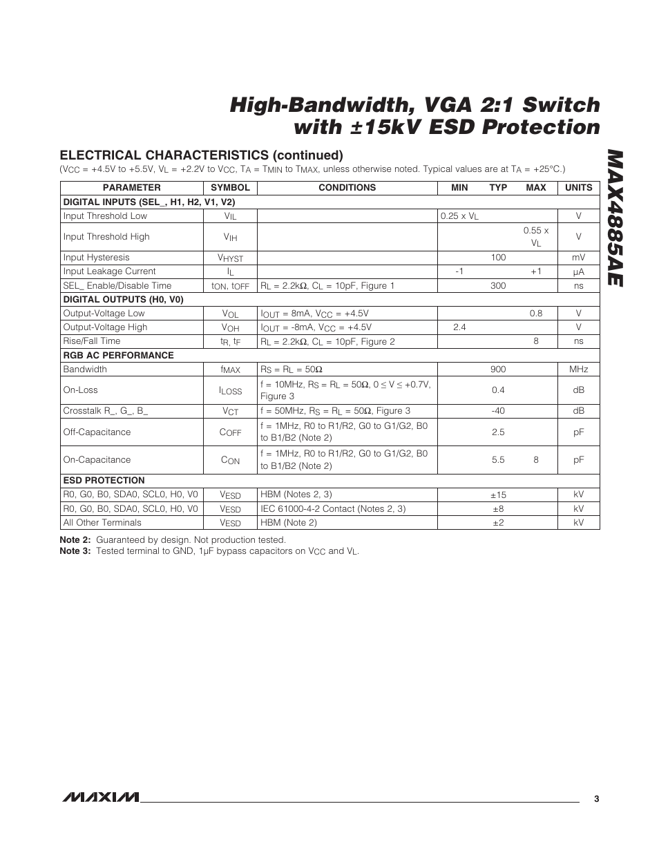 Electrical characteristics (continued) | Rainbow Electronics MAX4885AE User Manual | Page 3 / 10