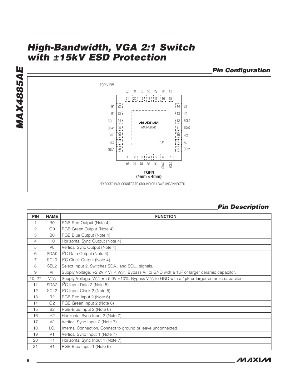Pin description pin configuration | Rainbow Electronics MAX4885AE User Manual | Page 6 / 10