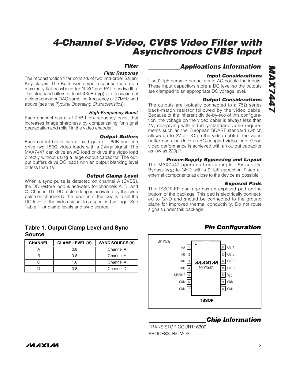 Applications information, Pin configuration chip information, Table 1. output clamp level and sync source | Rainbow Electronics MAX7447 User Manual | Page 5 / 6