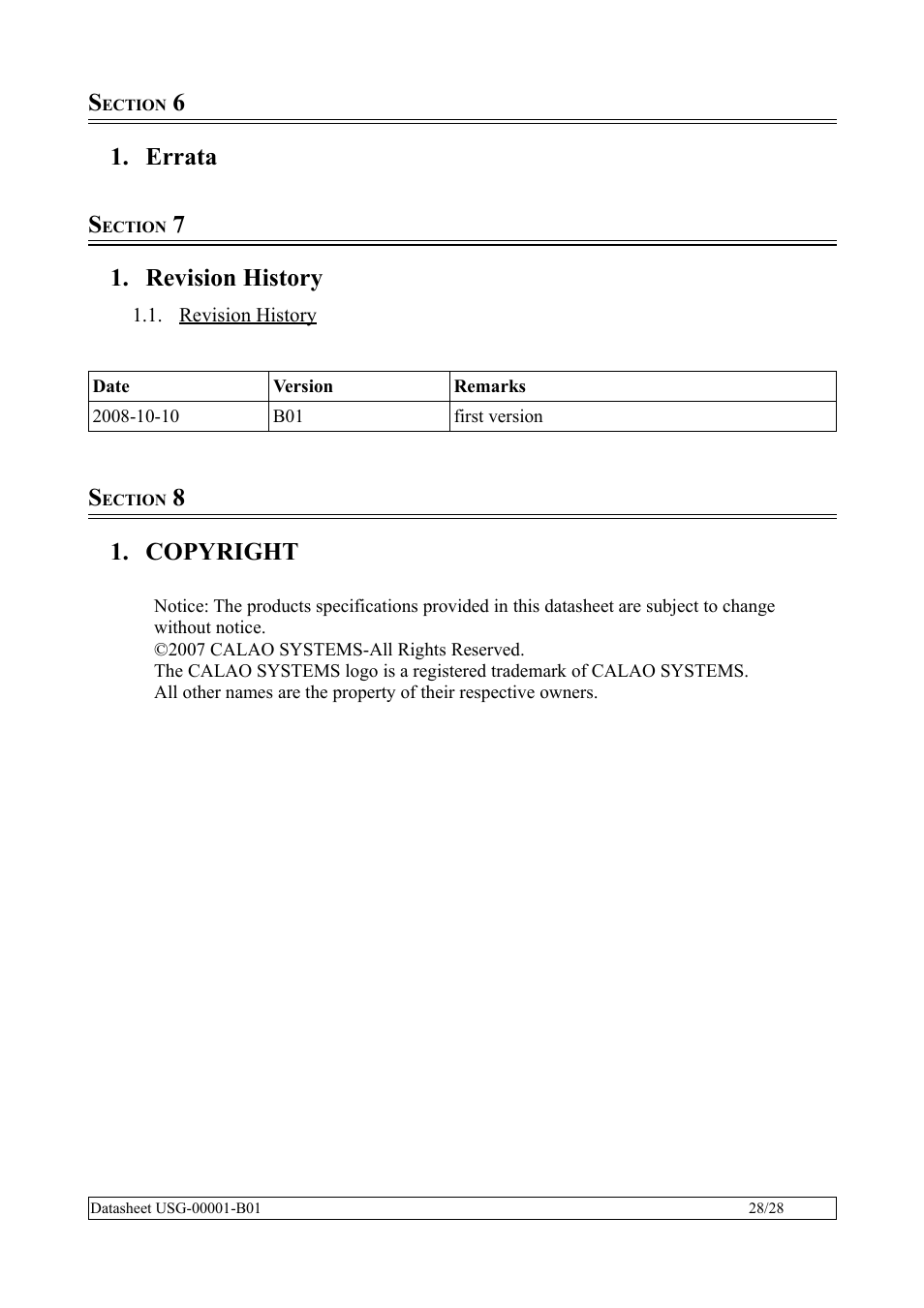 Section 6, Errata, Section 7 | Revision history, Section 8, Copyright, Errata s | Rainbow Electronics SBC35-A9260-C12 User Manual | Page 28 / 28