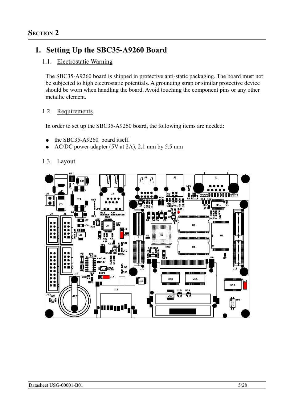 Section 2, Setting up the sbc35-a9260 board, Electrostatic warning | Requirements, Layout | Rainbow Electronics SBC35-A9260-C12 User Manual | Page 5 / 28