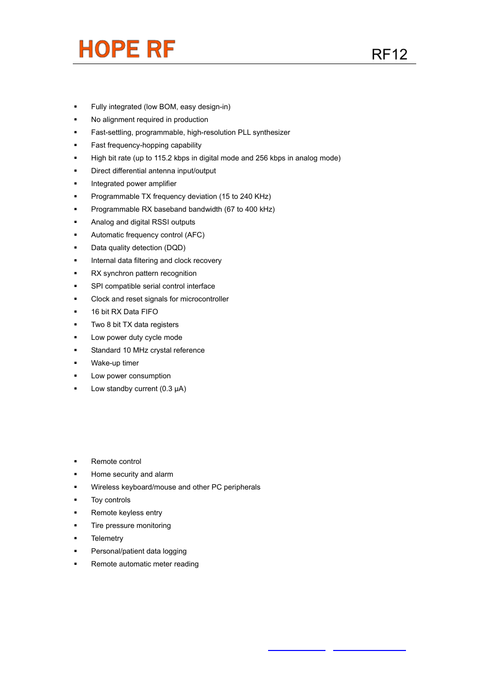 Features, Typical applications, Rf12 | Rainbow Electronics RF12 User Manual | Page 2 / 31