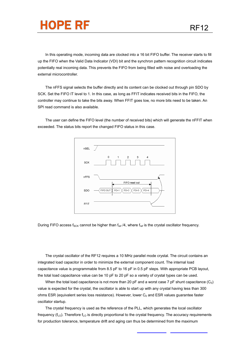 Rx fifo buffered data read, Crystal selection guidelines, Rf12 | Rainbow Electronics RF12 User Manual | Page 25 / 31