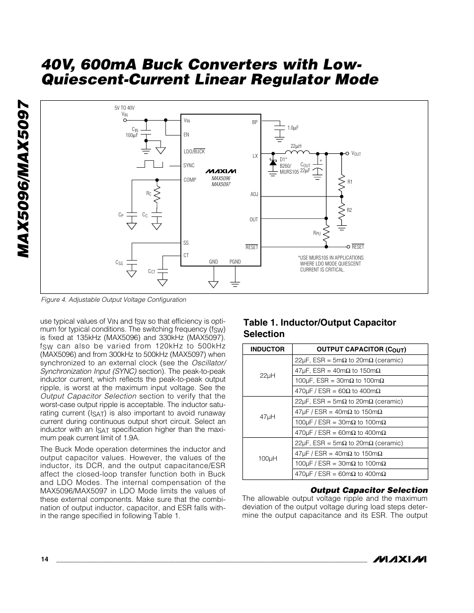 Table 1. inductor/output capacitor selection | Rainbow Electronics MAX5097 User Manual | Page 14 / 20