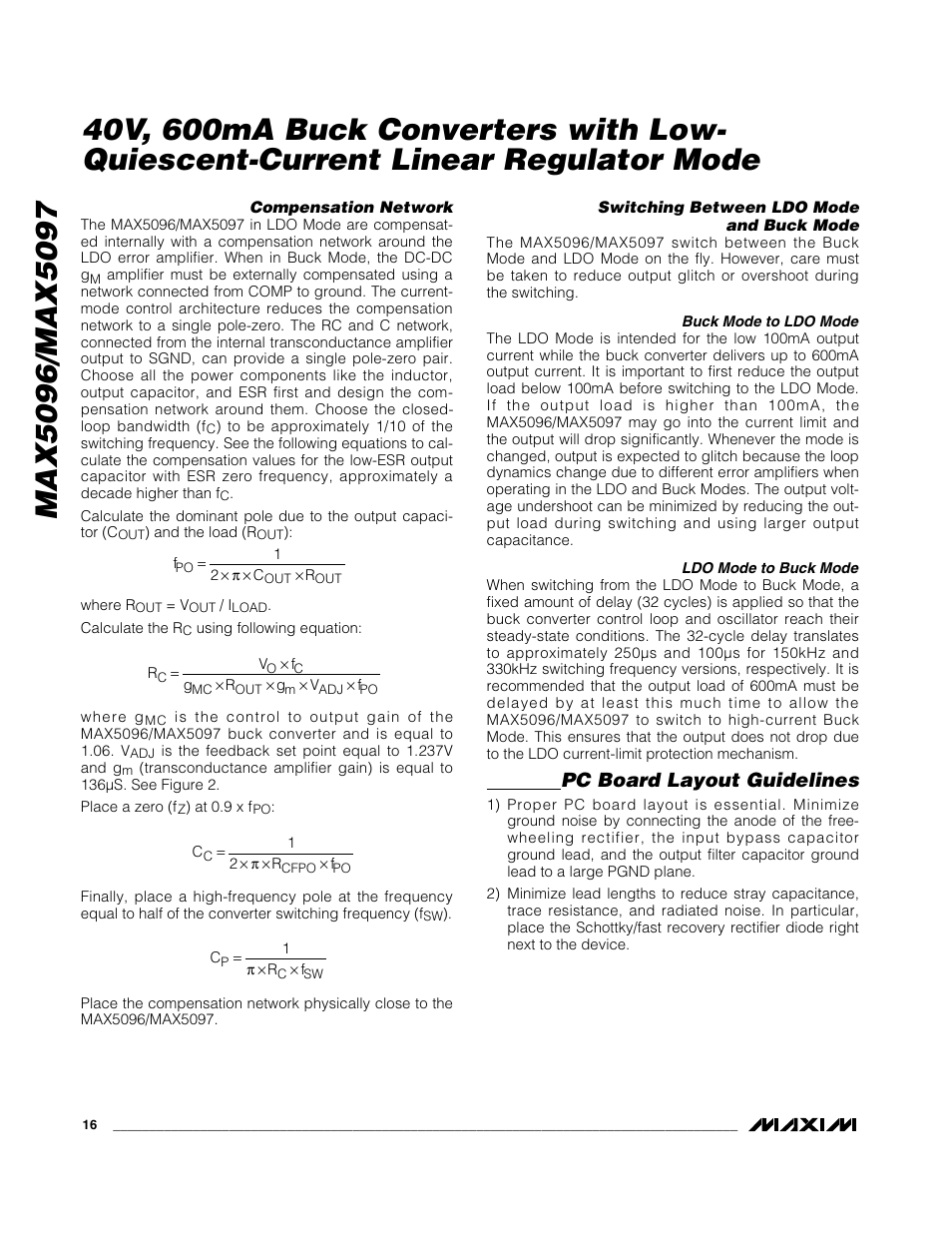 Pc board layout guidelines | Rainbow Electronics MAX5097 User Manual | Page 16 / 20