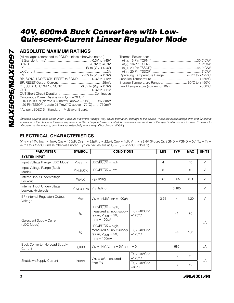 Absolute maximum ratings, Electrical characteristics | Rainbow Electronics MAX5097 User Manual | Page 2 / 20