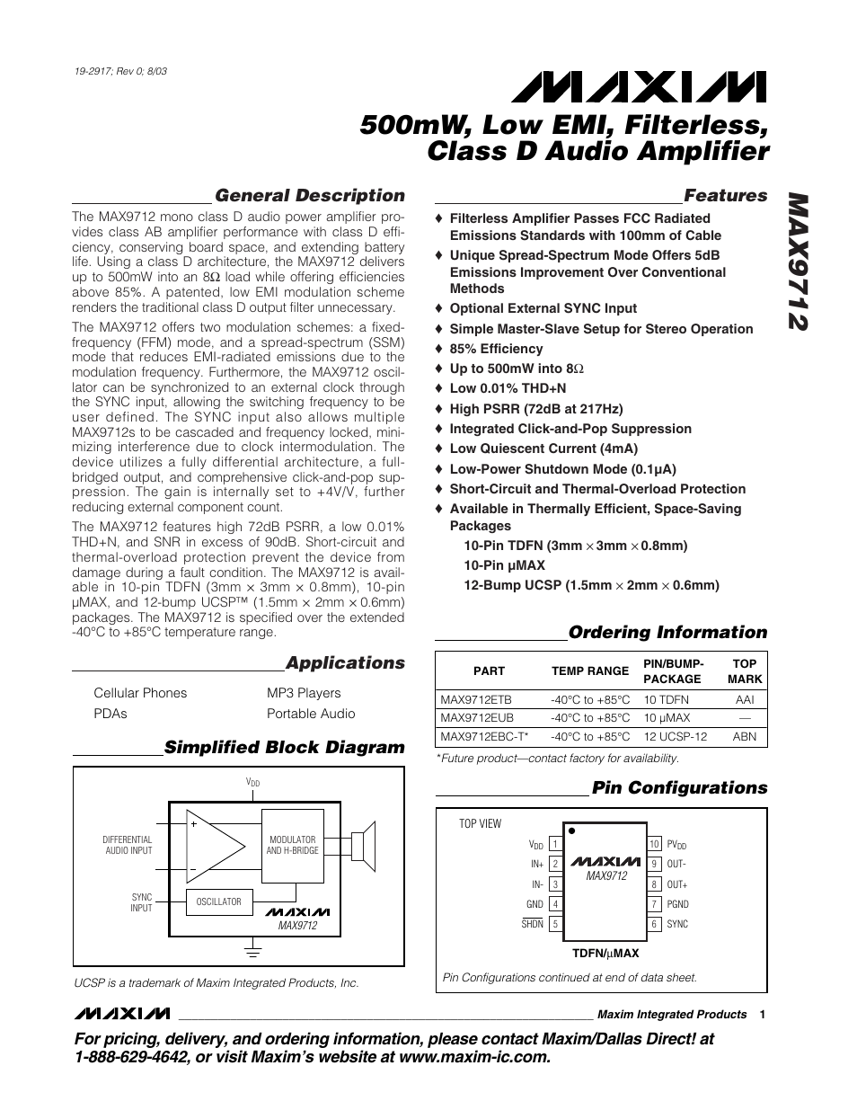 Rainbow Electronics MAX9712 User Manual | 18 pages