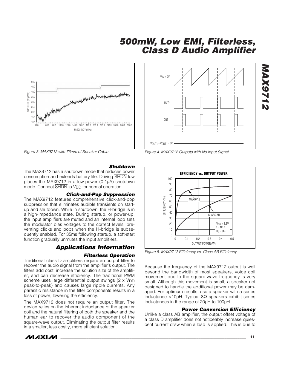 Applications information, Shutdown, Click-and-pop suppression | Filterless operation, Power conversion efficiency | Rainbow Electronics MAX9712 User Manual | Page 11 / 18