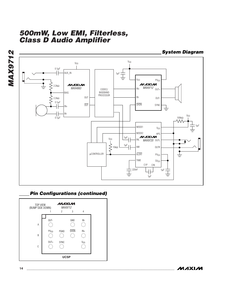 System diagram, Pin configurations (continued) | Rainbow Electronics MAX9712 User Manual | Page 14 / 18