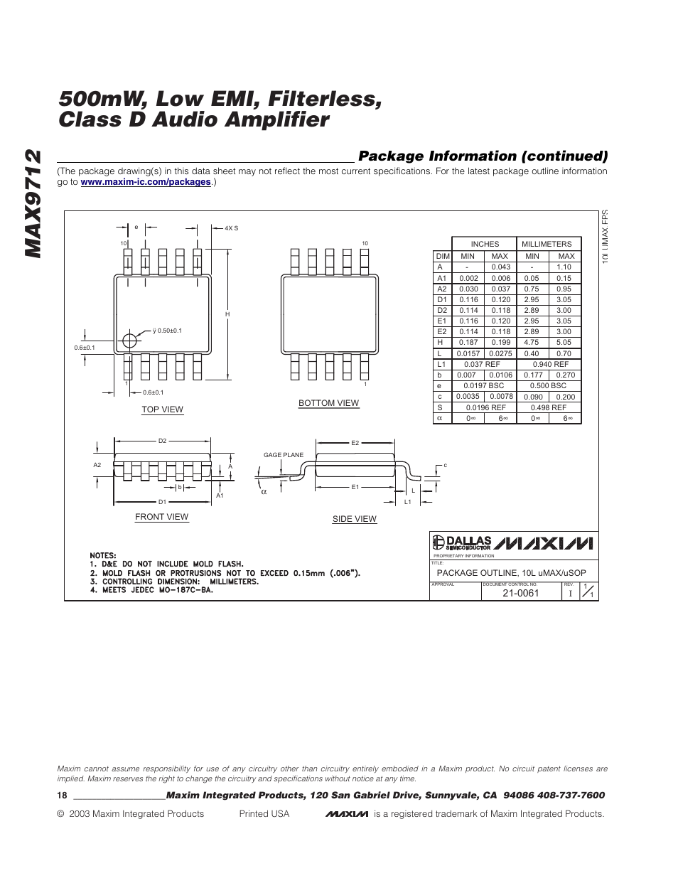 Package information (continued) | Rainbow Electronics MAX9712 User Manual | Page 18 / 18