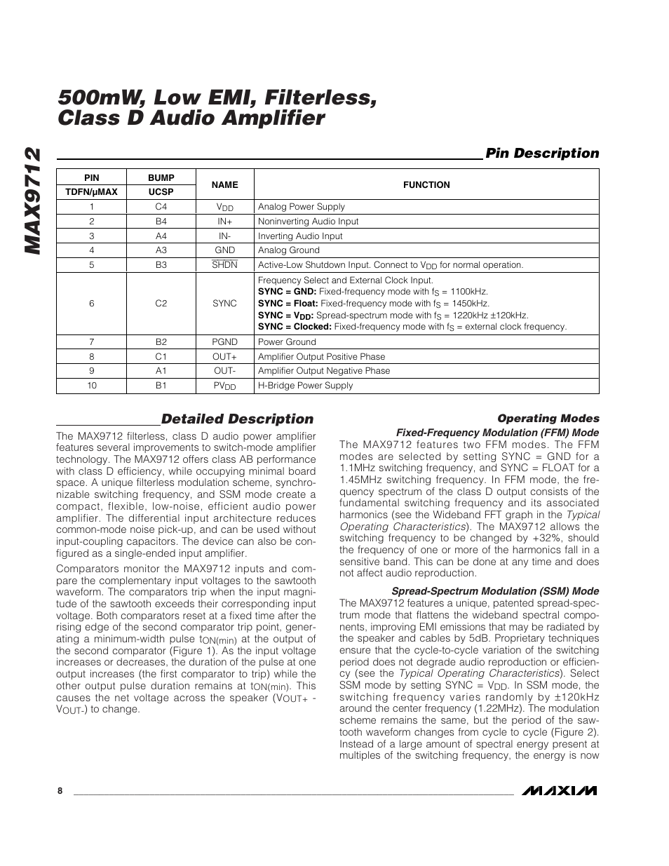 Max9712, Detailed description, Pin description | Rainbow Electronics MAX9712 User Manual | Page 8 / 18