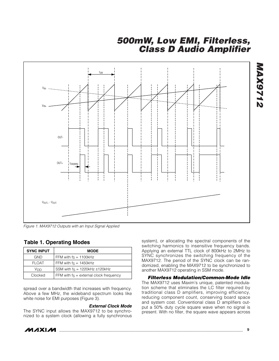 Table 1. operating modes | Rainbow Electronics MAX9712 User Manual | Page 9 / 18