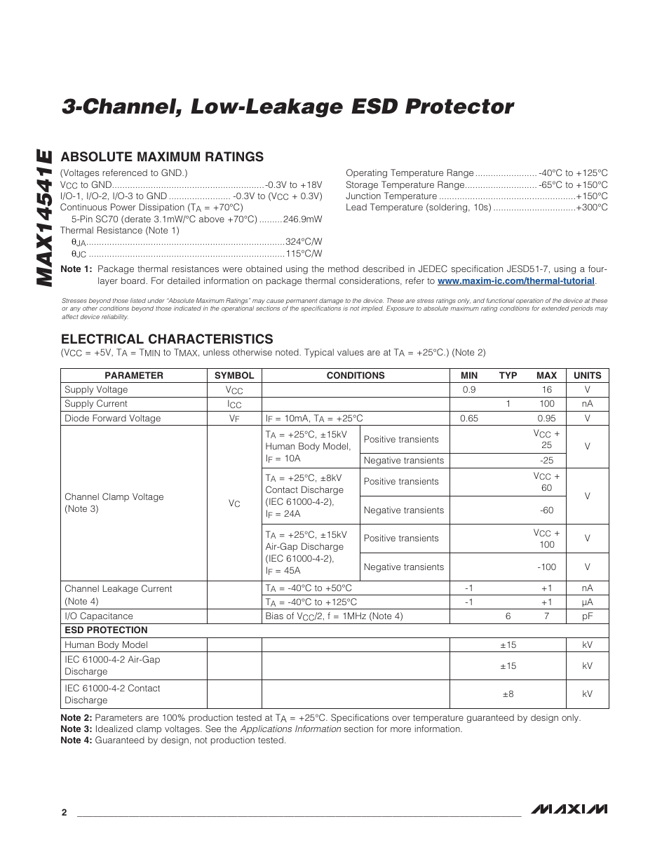 Electrical characteristics, Absolute maximum ratings | Rainbow Electronics MAX14541Е User Manual | Page 2 / 8