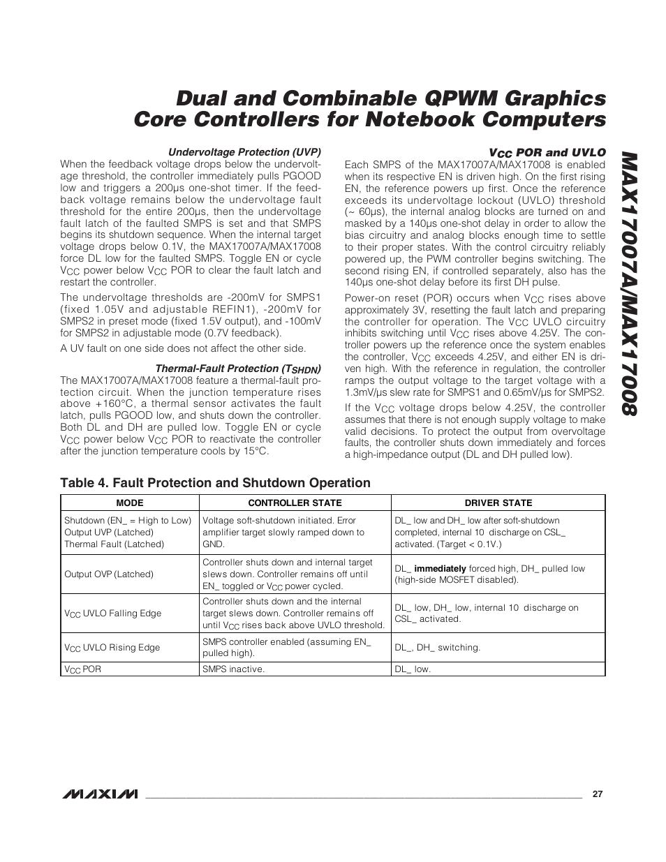 Table 4. fault protection and shutdown operation | Rainbow Electronics MAX17008 User Manual | Page 27 / 36