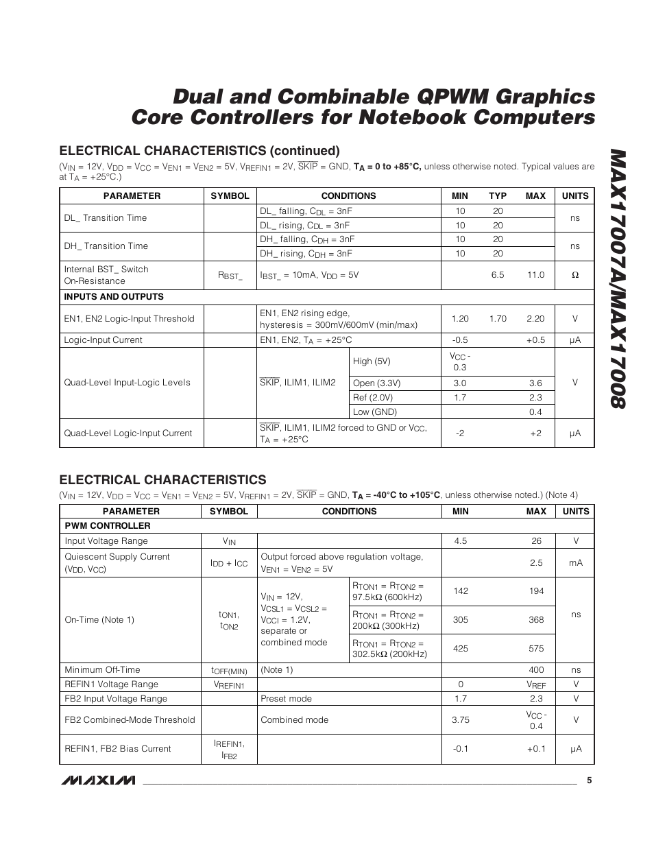 Electrical characteristics (continued), Electrical characteristics | Rainbow Electronics MAX17008 User Manual | Page 5 / 36