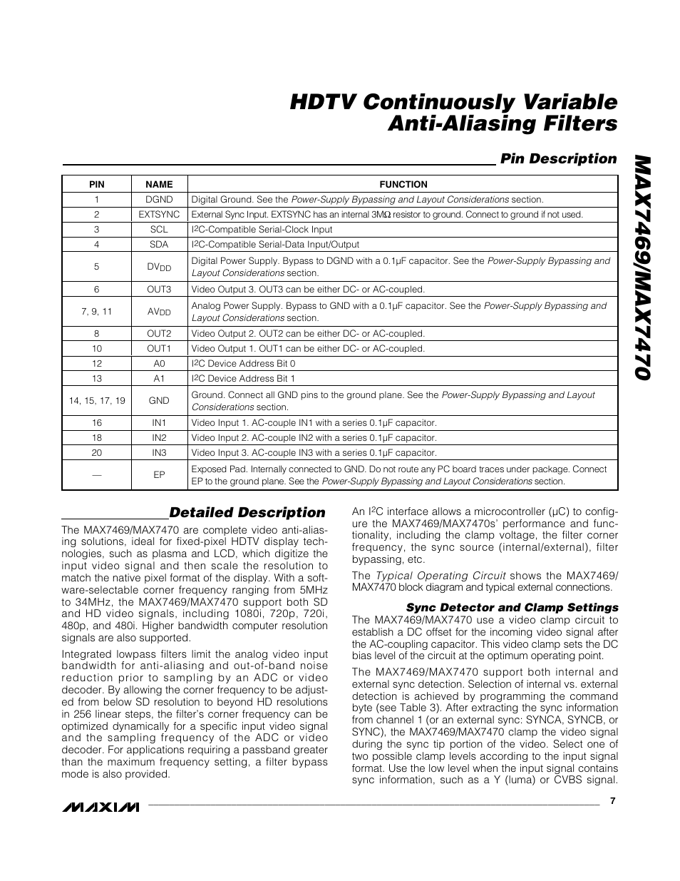 Hdtv continuously variable anti-aliasing filters, Detailed description, Pin description | Rainbow Electronics MAX7470 User Manual | Page 7 / 17