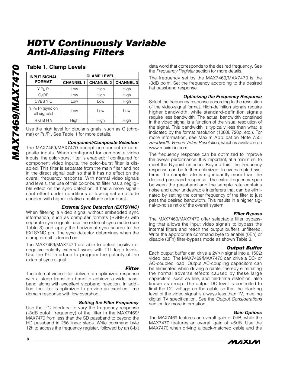 Table 1. clamp levels | Rainbow Electronics MAX7470 User Manual | Page 8 / 17